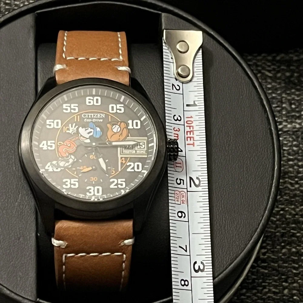 Citizen Eco-Drive Mickey Sport Watch Mens 44mm Gray Dial Brown Leather New Box